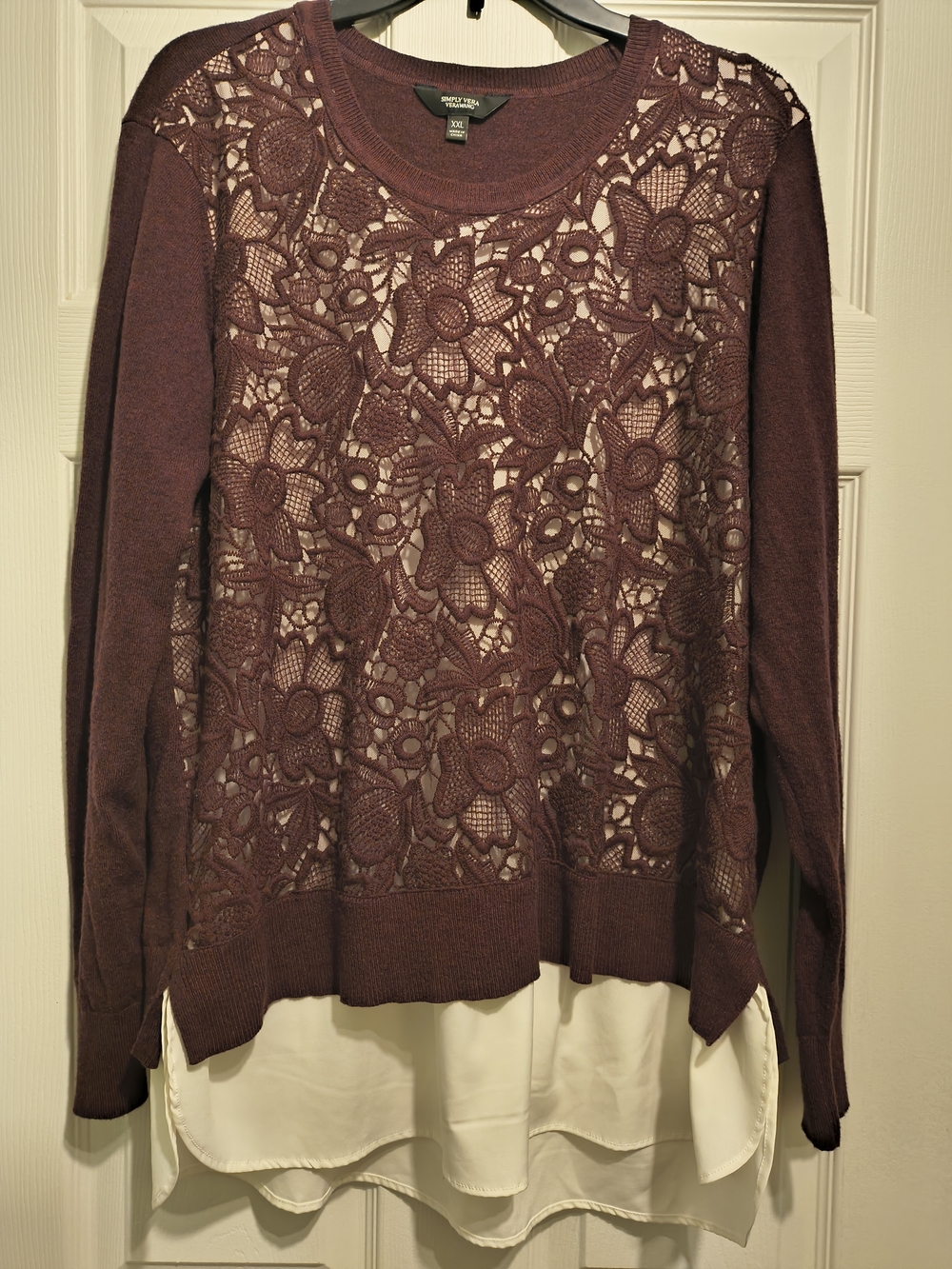 Simply Vera Vera Wang Burgundy Lace Front Layered-Hem Sweater